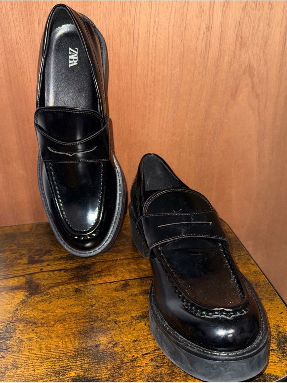 Zara Black Patent Leather Penny Loafers for Men